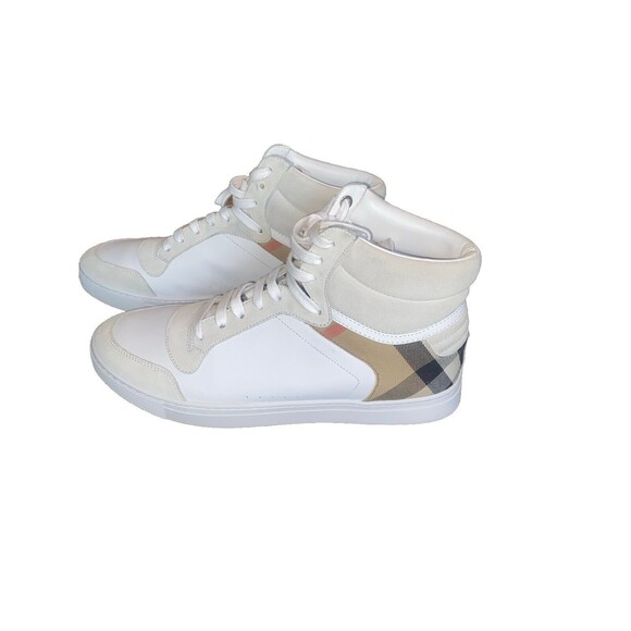 Burberry - Men's Reeth Leather House Check High-Top Sneakers White Size 12 - Picture 4 of 16